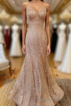 Mermaid V-Neck Rose Gold Long Formal Prom Dresses with Criss Cross Back