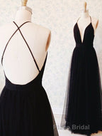 Simple A-line V Neck Navy Blue Long Formal Prom Dresses
