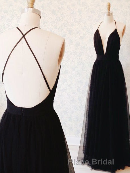 Simple A-line V Neck Navy Blue Long Formal Prom Dresses
