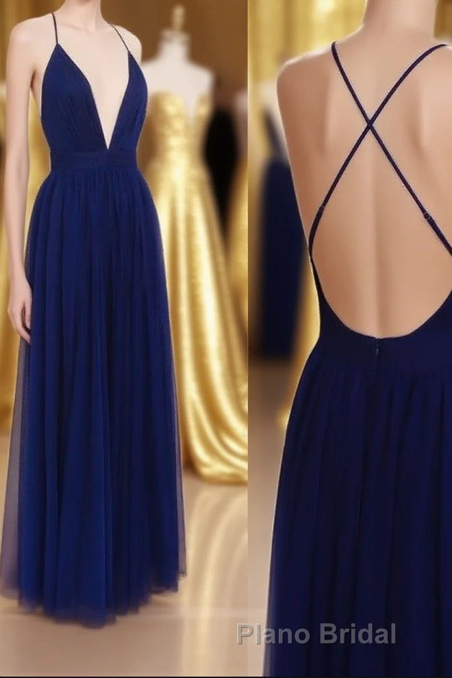 Simple A-line V Neck Navy Blue Long Formal Prom Dresses Main image