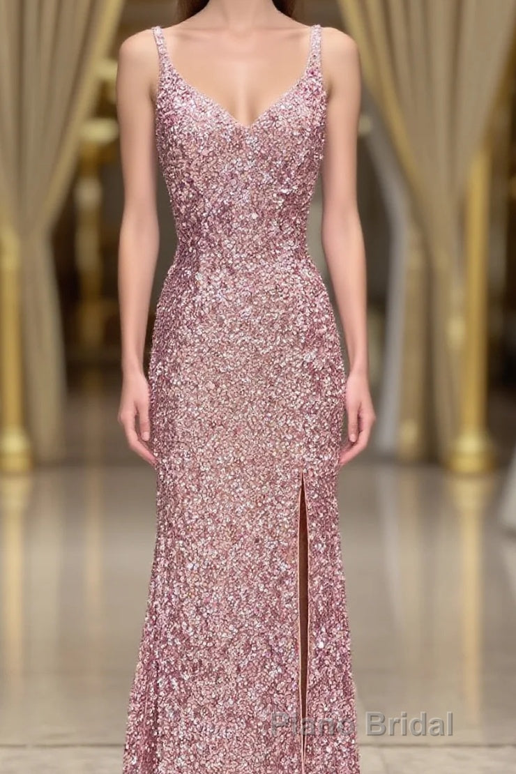 Gorgeous Mermaid V-Neck Pearl Pink Long Formal Prom Dresses with Slit Main image