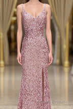 Gorgeous Mermaid V-Neck Pearl Pink Long Formal Prom Dresses with Slit