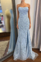 Elegant Strapless Mermaid Sky Blue Long Lace Formal Prom Dresses with Slit
