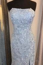 Elegant Strapless Mermaid Sky Blue Long Lace Formal Prom Dresses with Slit