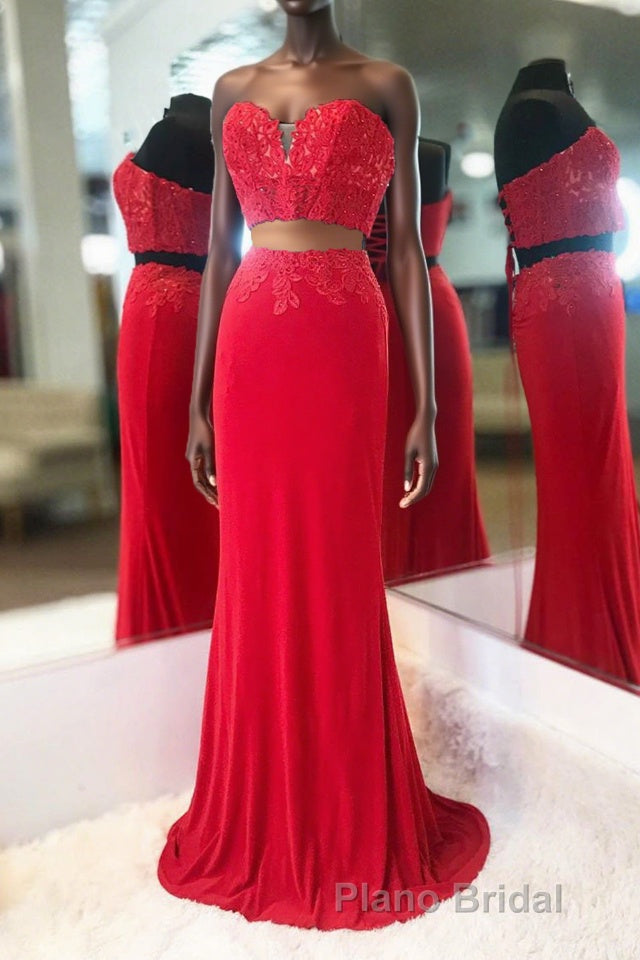 Elegant Two Piece Sweetheart Beaded Red Formal Prom Dresses with Lace-up Back Main image