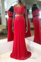 Elegant Two Piece Sweetheart Beaded Red Formal Prom Dresses with Lace-up Back