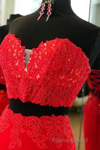 Elegant Two Piece Sweetheart Beaded Red Formal Prom Dresses with Lace-up Back