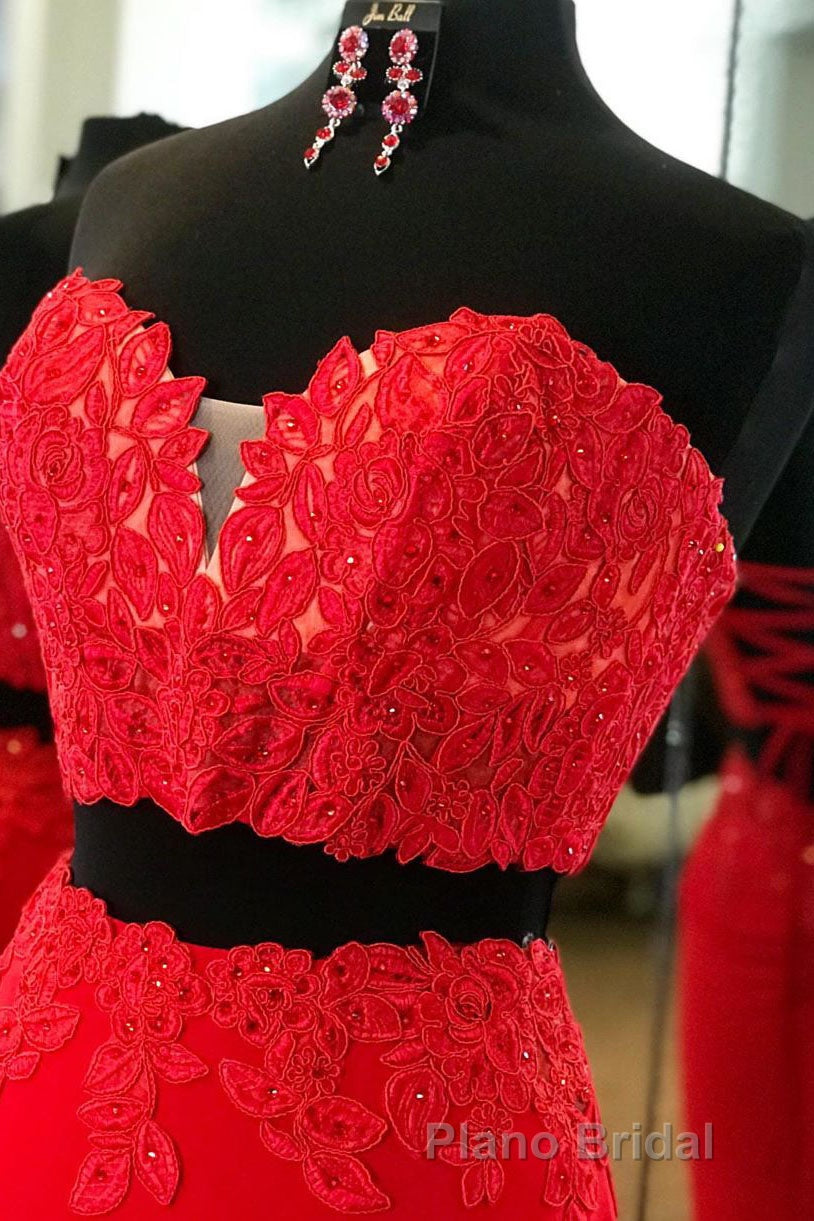 Elegant Two Piece Sweetheart Beaded Red Formal Prom Dresses with Lace-up Back