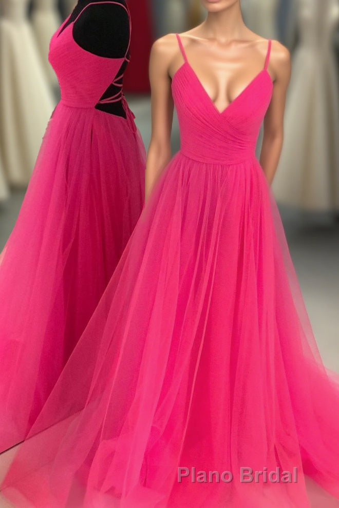 V Neck A-line Hot Pink Long Formal Prom Dresses with Lace-up Back