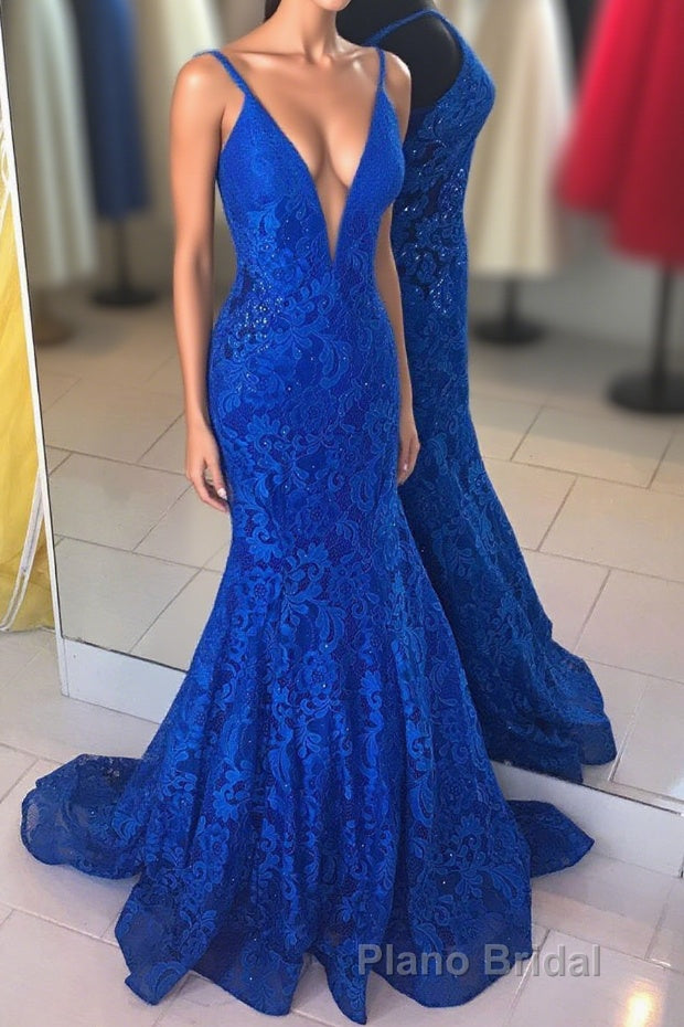 Elegant V Neck Mermaid Royal Blue Long Lace Formal Prom Dresses Main image