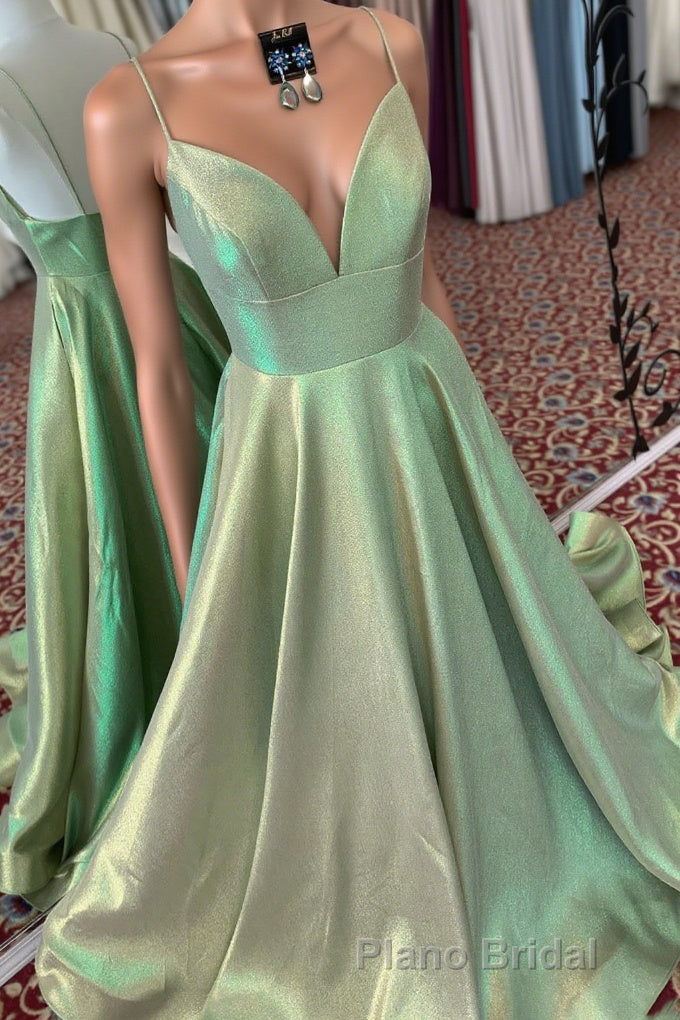 Elegant A-Line Empire V-Neck Green Long Formal Prom Dresses with Straps