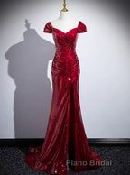 Dark Red Sequins Mermaid Sweetheart Formal Prom Dress, Dark Red Evening Dress