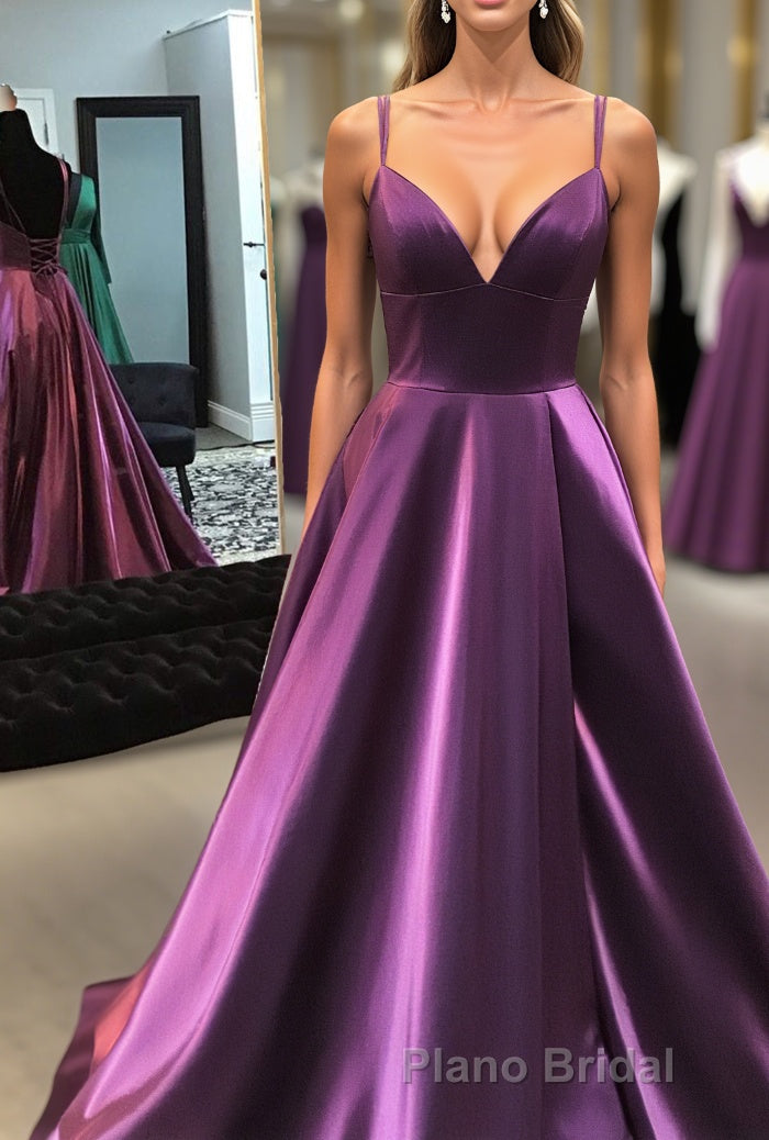 Gorgeous V Neck Lace-up Back Plum Long Formal Prom Dresses