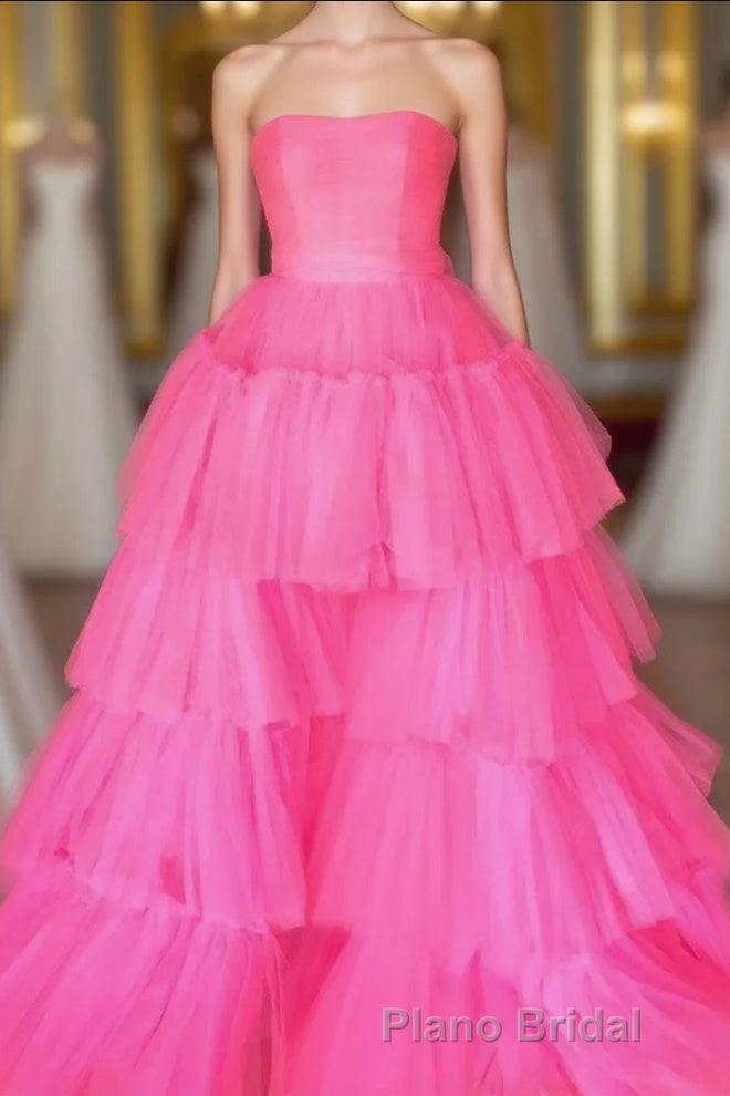 Elegant Strapless Layered Hot Pink Long Formal Prom Dresses with Slit Main image