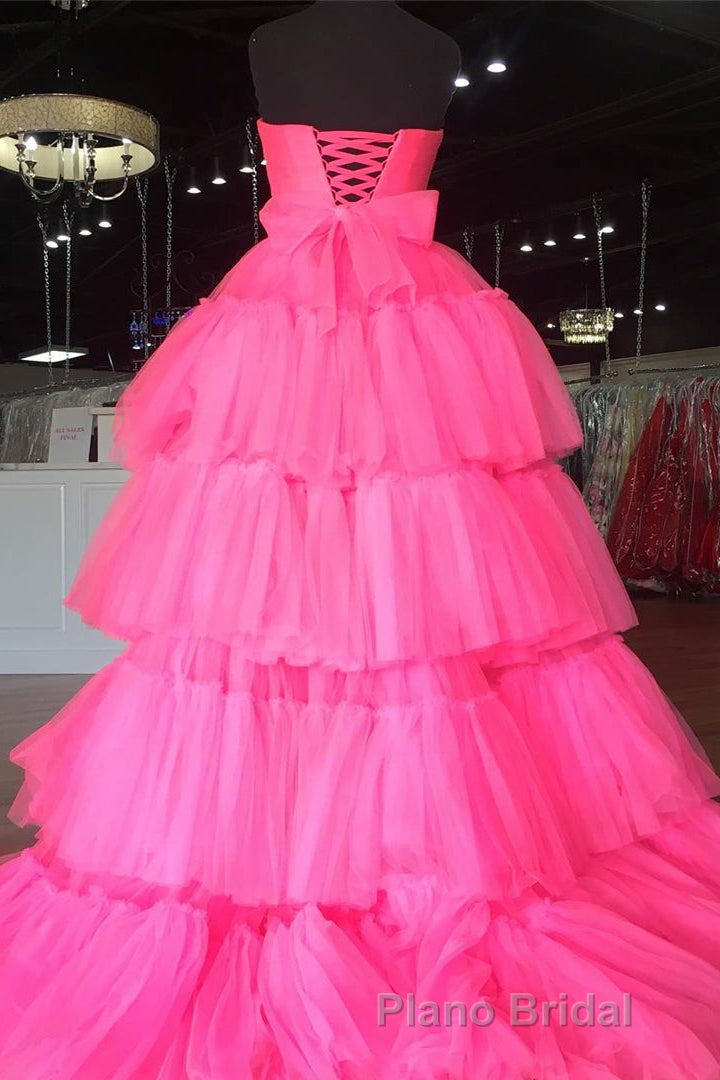 Elegant Strapless Layered Hot Pink Long Formal Prom Dresses with Slit Secondary image