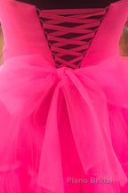Elegant Strapless Layered Hot Pink Long Formal Prom Dresses with Slit