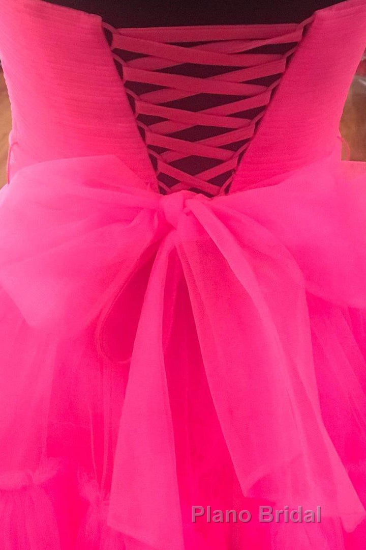 Elegant Strapless Layered Hot Pink Long Formal Prom Dresses with Slit