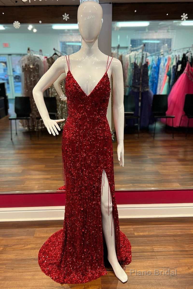 Red Sequin Fringe V-Neck Lace-Up Back Mermaid Long Prom Dress with Slit Secondary image