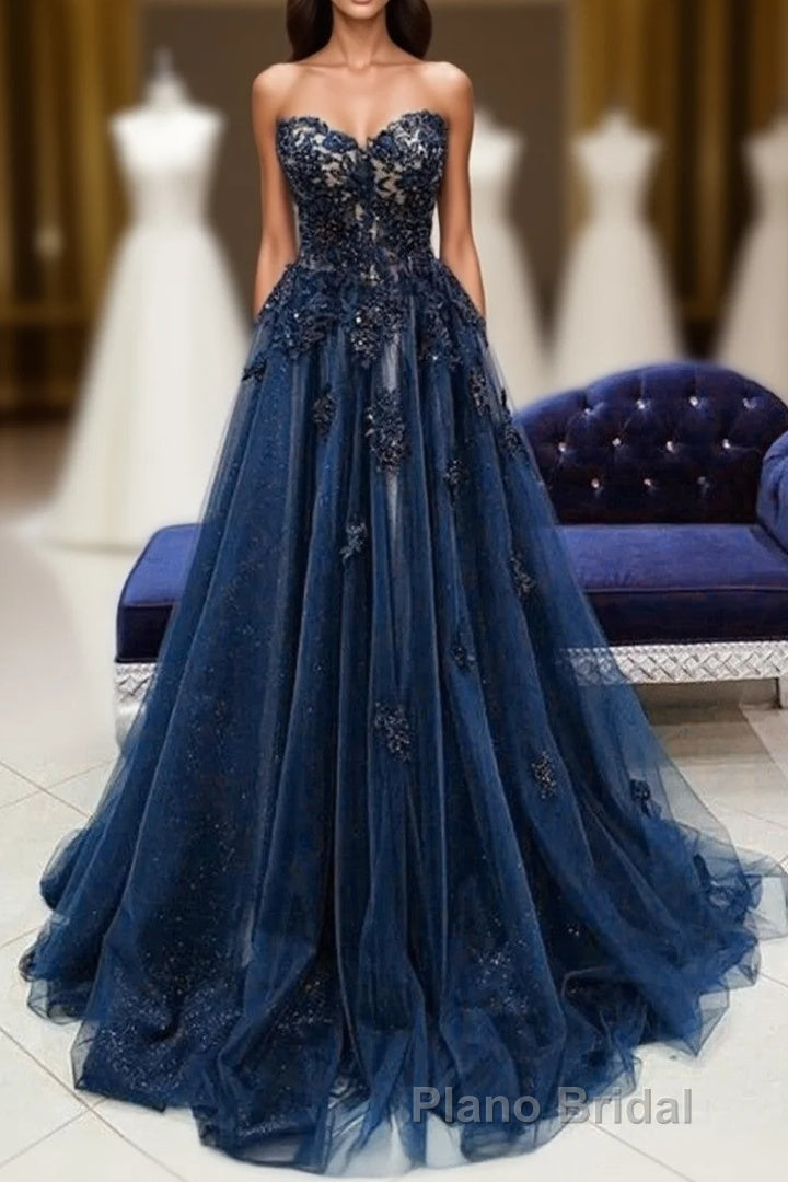 Navy Blue Tulle With Lace Sweetheart Long Prom Dresses, Blue Long Formal Prom Dresses Main image