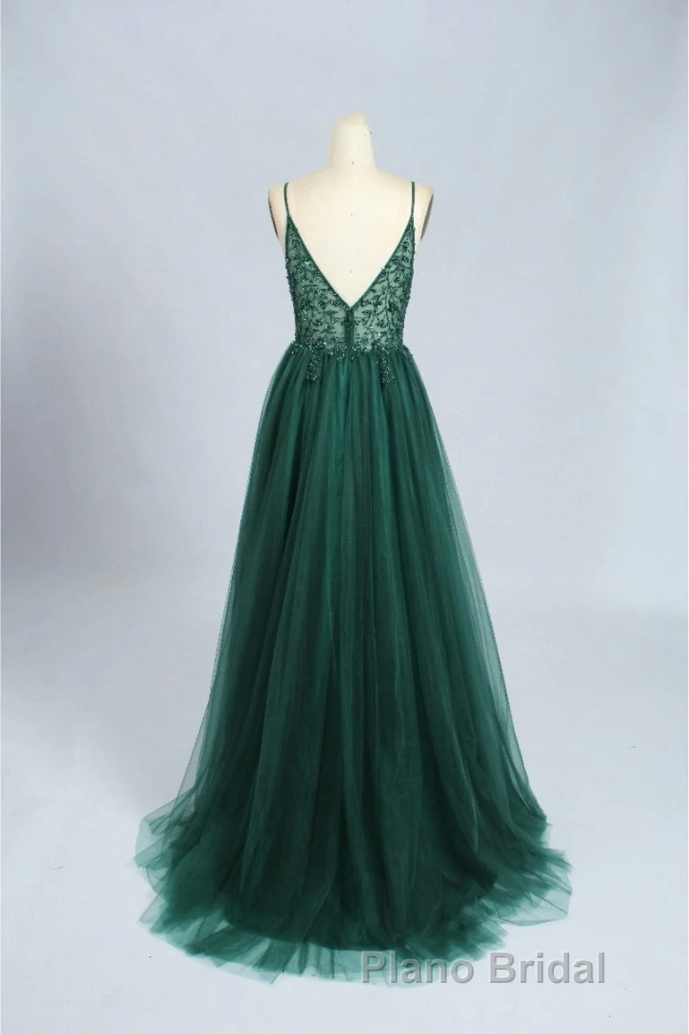 Green V-Neckline Beaded Tulle Floor Length Party Dresses, A-Line Green Formal Prom Dresses Secondary image