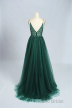 Green V-Neckline Beaded Tulle Floor Length Party Dresses, A-Line Green Formal Prom Dresses