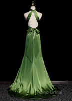 Green Soft Satin Halter Long Evening Dresses Party Dresses, Green A-line Formal Prom Dresses