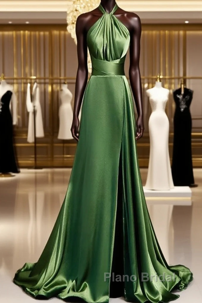Green Soft Satin Halter Long Evening Dresses Party Dresses, Green A-line Formal Prom Dresses Main image