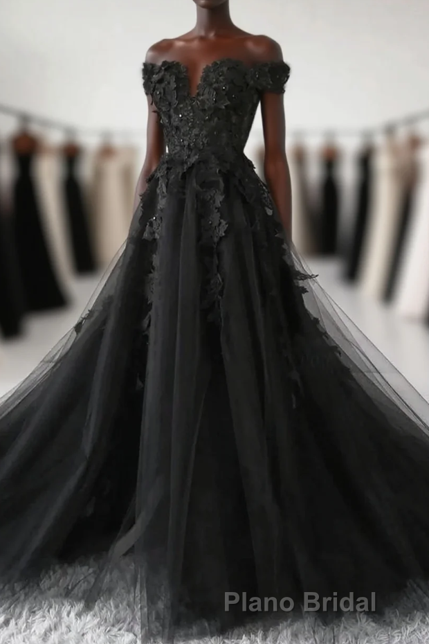 Black Off Shoulder Tulle Long Evening Dresses Formal Prom Dresses, Black Lace Prom Dresses Main image