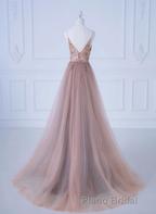 Pink V-Neckline Beaded Straps Long Party Dresses, A-Line Pink Tulle Floor Length Formal Prom Dresses