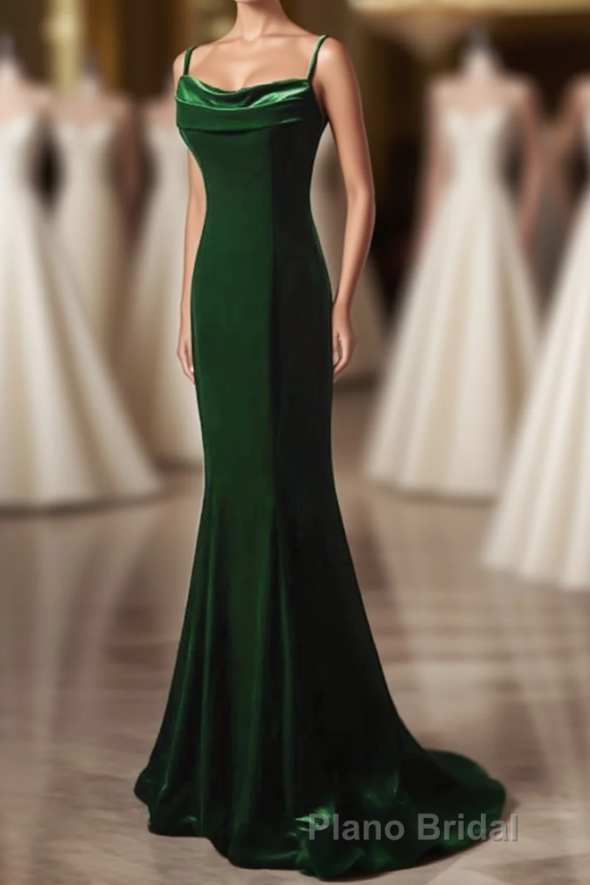 Green Mermaid Long Velvet Party Dresses, Green Straps Long Prom Dresses Formal Prom Dresses Main image