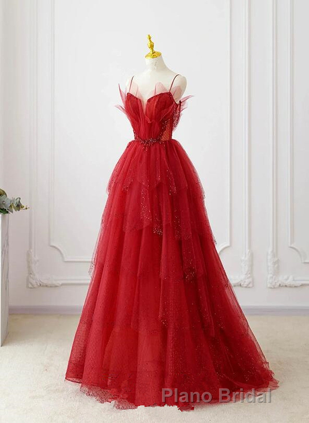 A-Line Tulle Layers Beaded Straps Long Party Dresses, Tulle Formal Prom Dresses Evening Dresses Secondary image