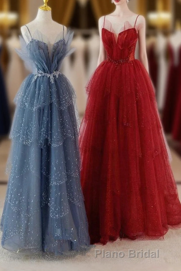 A-Line Tulle Layers Beaded Straps Long Party Dresses, Tulle Formal Prom Dresses Evening Dresses Main image