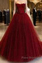 Wine Red Tulle Scoop Long Formal Dresses, Wine Red Tulle Formal Prom Dresses Party Dresses