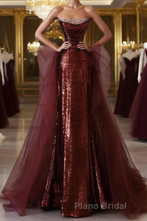 Wine Red Sequins and Tulle Beaded Long Party Dress, Wine Red Evening Dress Main image