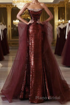 Wine Red Sequins and Tulle Beaded Long Party Dress, Wine Red Evening Dress
