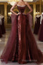 Wine Red Sequins and Tulle Beaded Long Party Dress, Wine Red Evening Dress