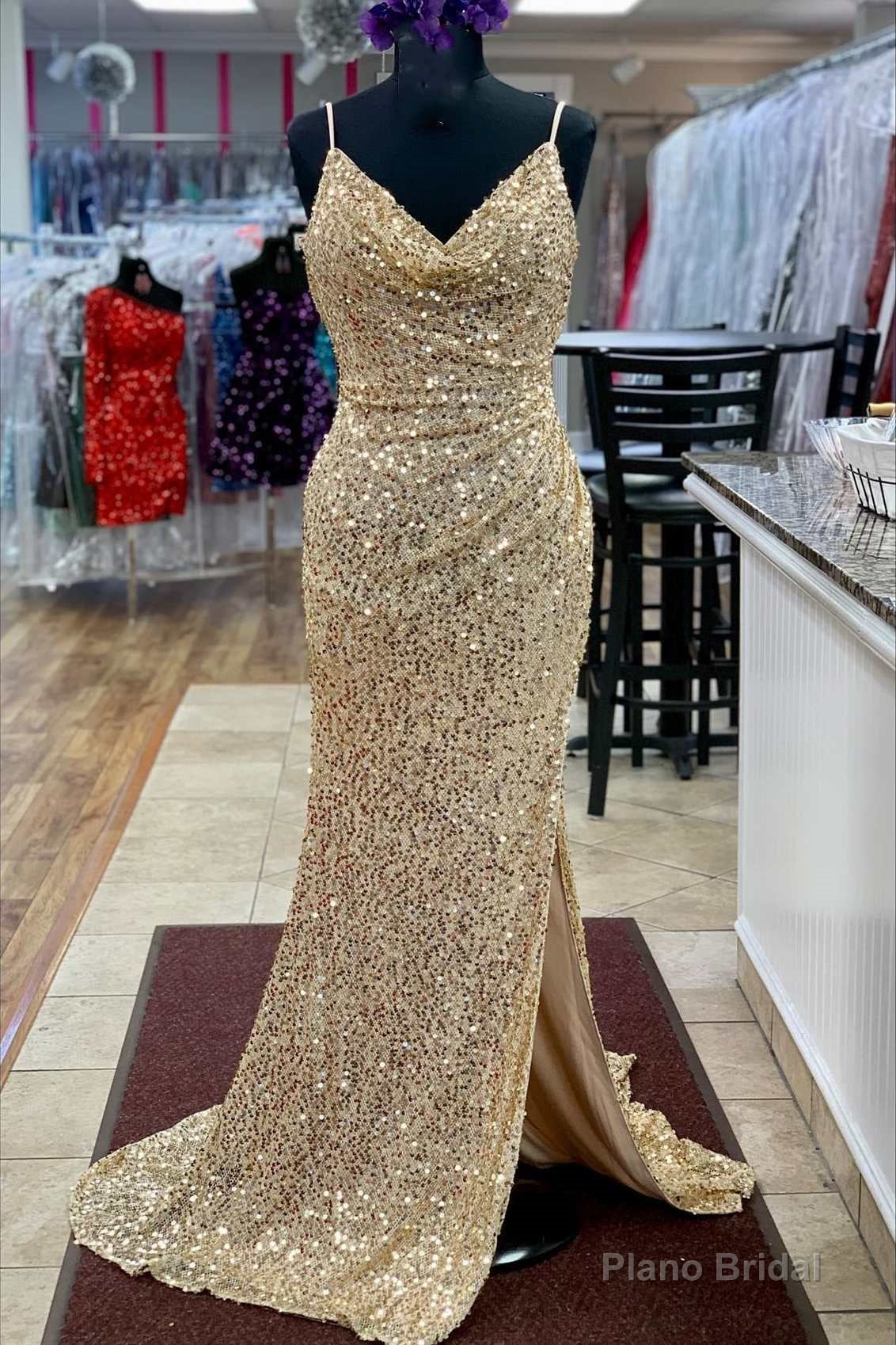 Champagne Sequin Cowl Back Mermaid Long Prom Dress with Slit Main image