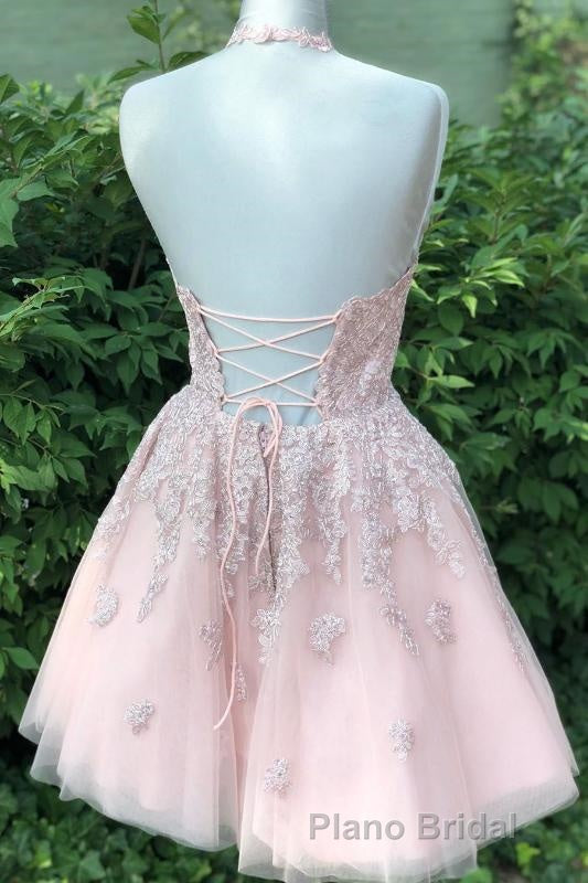 Halter Lace-Up back Short Pink Lace Homecoming Dresses Secondary image