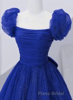 Royal Blue Scoop Tulle Short Sleeves Long Formal Prom Dresses, Royal Blue A-Line Party Dresses
