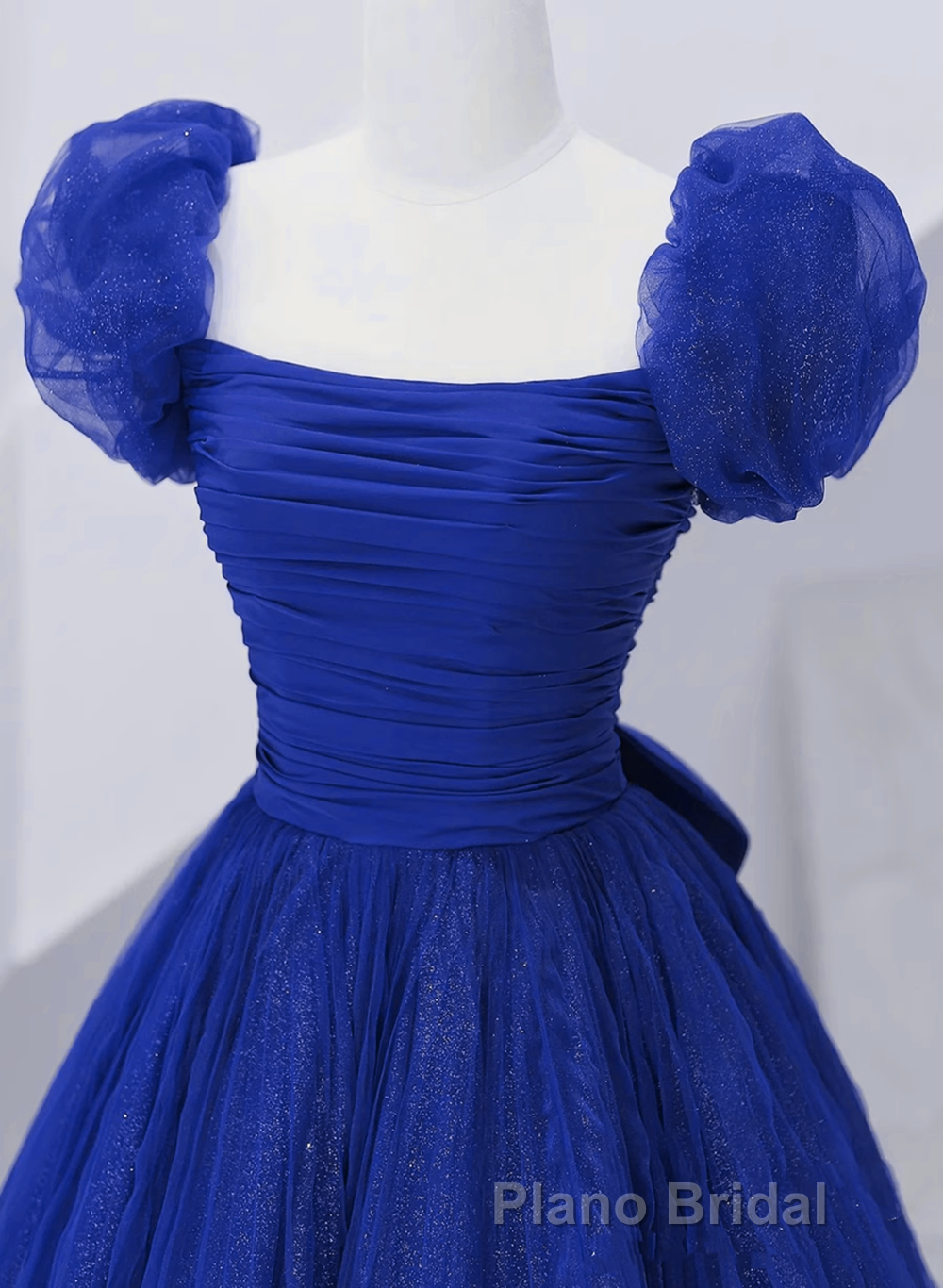 Royal Blue Scoop Tulle Short Sleeves Long Formal Prom Dresses, Royal Blue A-Line Party Dresses