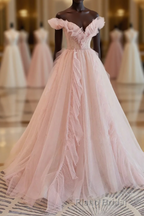 Pink Tulle Off The Shoulder A-Line Tulle Ruffles Floor-Length Formal Prom Dresses, Pink Long Party Dresses