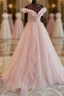 Pink Tulle Off The Shoulder A-Line Tulle Ruffles Floor-Length Formal Prom Dresses, Pink Long Party Dresses