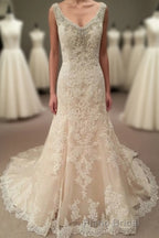 Mermaid Long Champagne Bridal Dresses with Lace