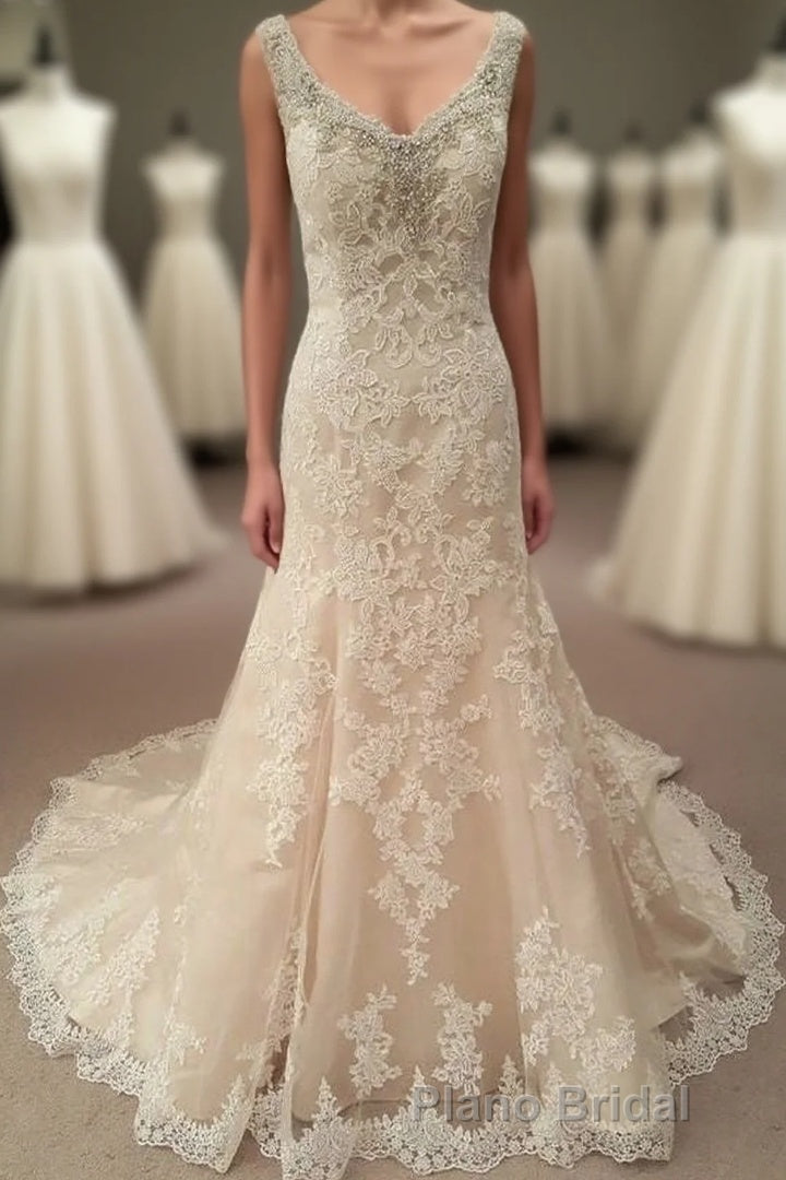 Mermaid Long Champagne Bridal Dresses with Lace