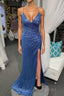 High Slit Blue Sequins Straps Mermaid Formal Prom Dresses