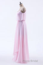Pink Flounce Chiffon Straps A-line Long Bridesmaid Dresses