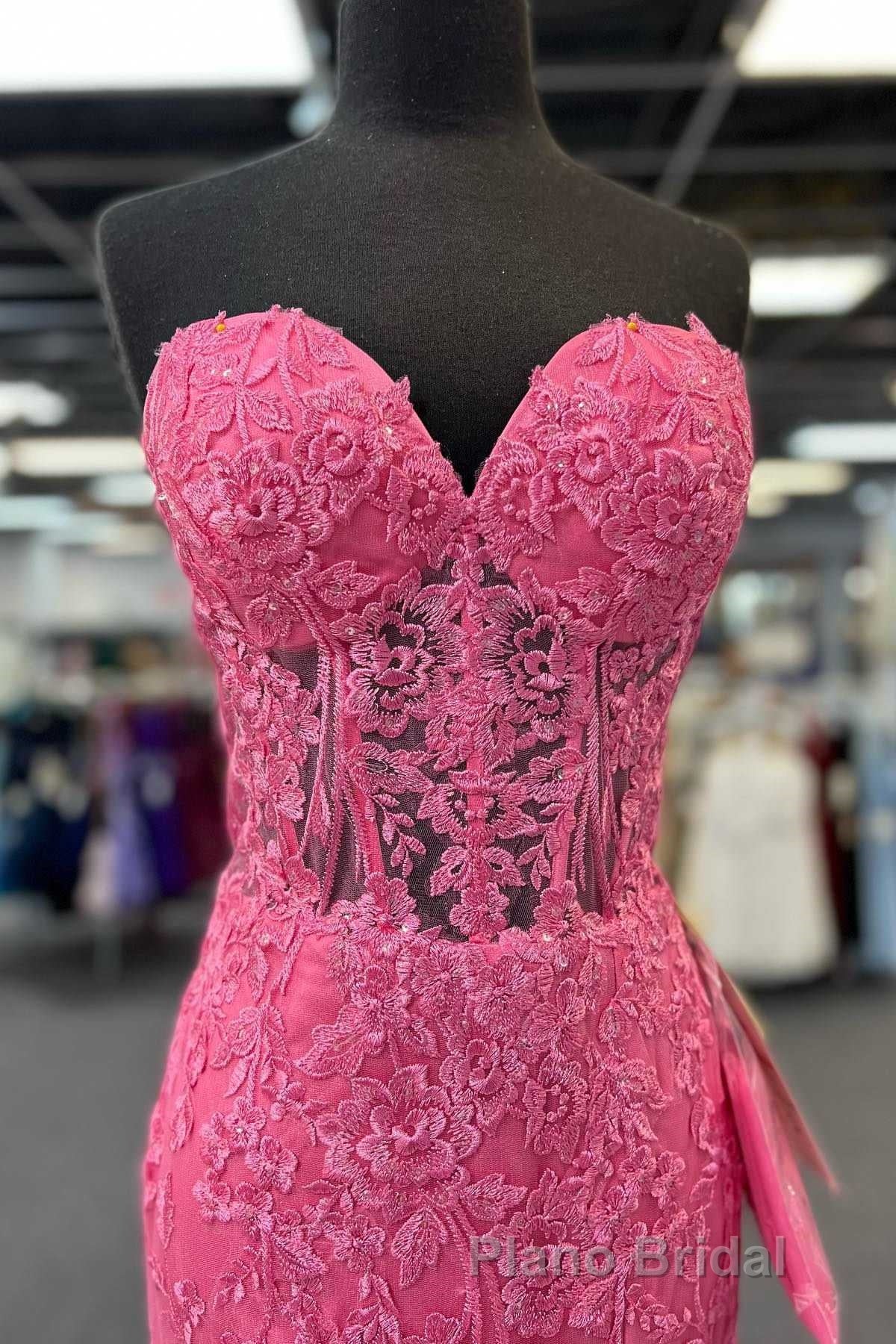 Hot Pink Appliques Strapless Mermaid Long Formal Prom Dresses