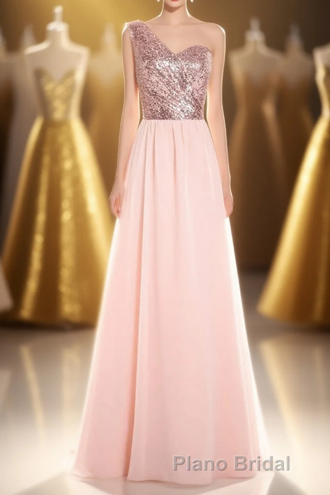 One-Shoulder Sequin and Chiffon A-Line Long Bridesmaid Dresses Main image