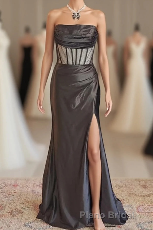 Black Strapless Mermaid Satin Long Formal Prom Dresses with Slit
