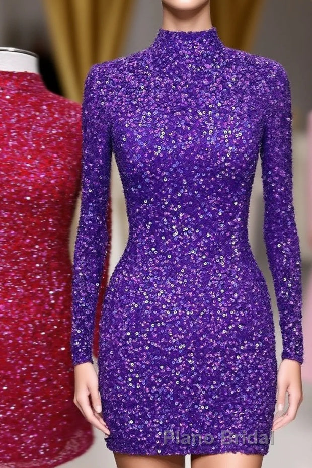 Regency High Neck Long Sleeves Sequins Keyhole Homecoming Dresses